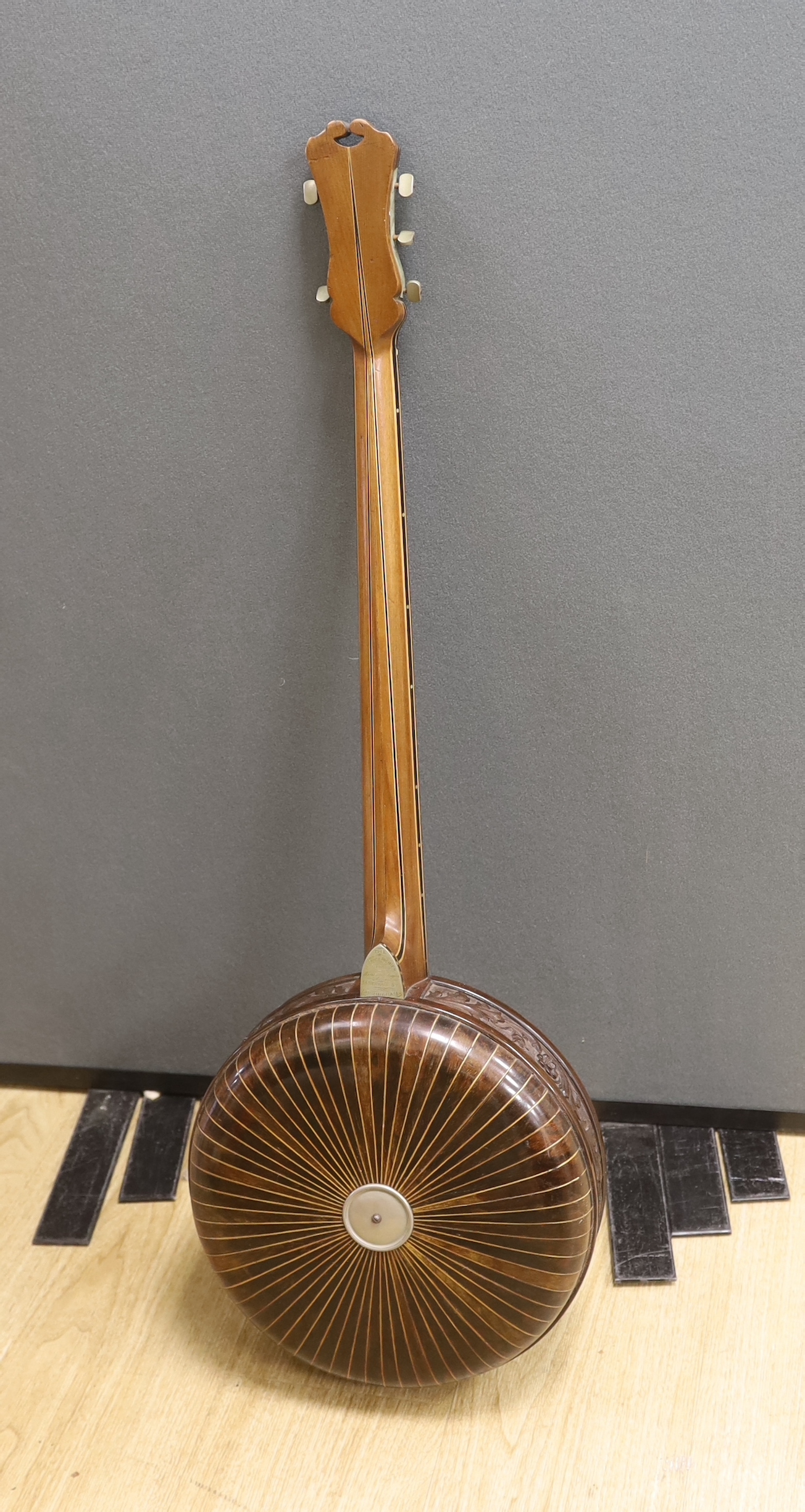 Lyceum Theatre interest - a Windsor Premier Zither banjo, with carved and inlaid detail, 90cm overall, in case, accompanied by vendor’s statement explaining her family link with the Melville brothers, owners of The Lyceu
